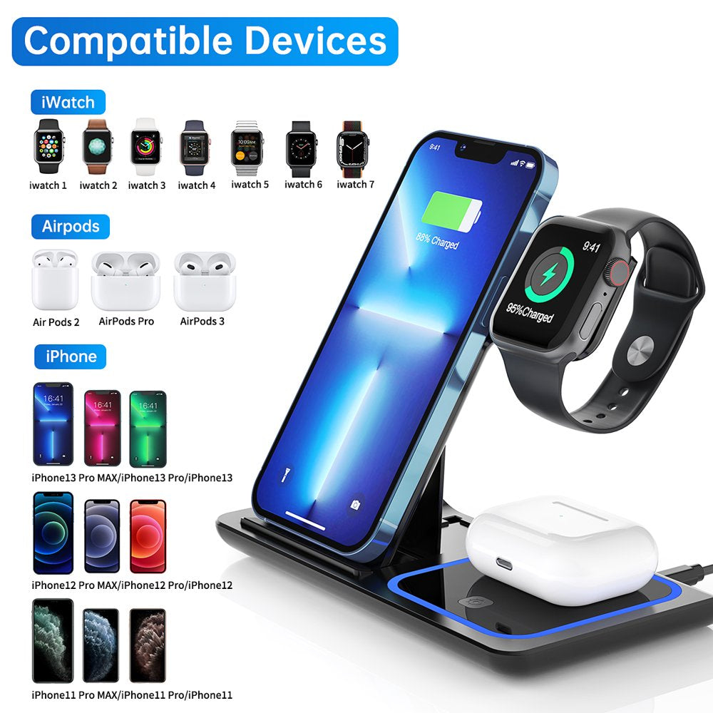 Wireless Charging Station for Apple - 3 in 1 Wireless Charger Stand Dock  Watch and Phone Charger Station for Apple Watch 8/7/SE/6/5/4/3/2, iPhone 15